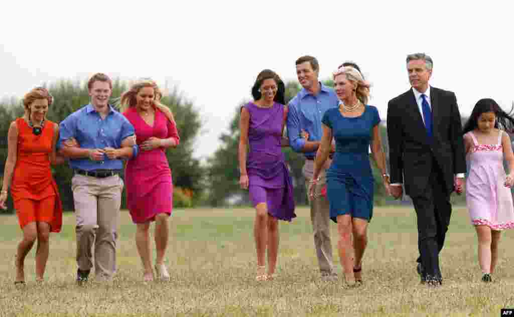 June 21: Former Utah Gov. Jon Huntsman, second from right, walks with his family at Liberty State Park in Jersey City, N.J., before announcing his bid for the 2012 Republican presidential nomination. (AP Photo/Mel Evans)