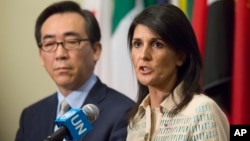 U.S. Ambassador Nikki Haley, right, is joined by Korean Ambassador Tae-yul Cho as she speak to reporters before a Security Council meeting on the situation in North Korea, May 16, 2017.