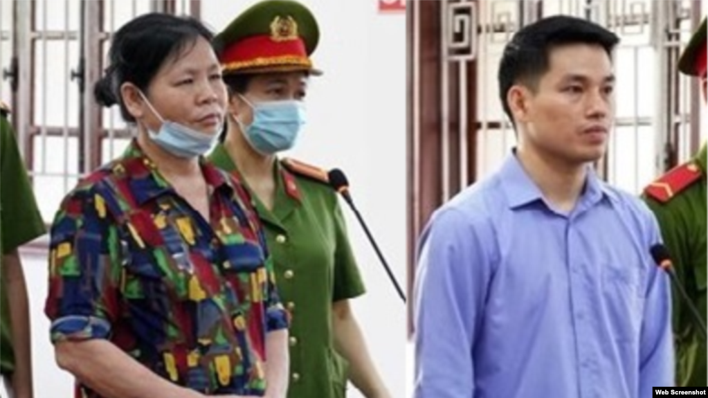 Bà Cấn Thị Thêu và con trai Trịnh Bá Tư tại phiên tòa ngày 5/5/2021 ở tỉnh Hòa Bình. Photo TTXVN