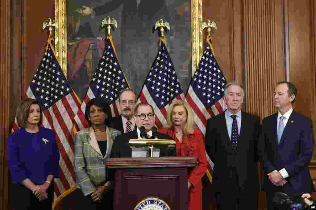 House Democrats unveil articles of impeachment against President Donald Trump, during a news conference on Capitol Hill in Washington, D.C.