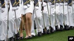 FILE - Graduating cadets march during a graduation and commissioning ceremony at the U.S. Military Academy in West Point, New York, May 21, 2016. In a reversal, West Point has seen a spike in sexual assualt reports last year.