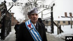El sobreviviente del Holocausto, Miroslaw Celka, camina en el campo de concentración polaco durante el 70 aniversario de su liberación.
