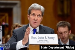 U.S. Secretary of State John Kerry delivers his opening statement to the Senate Foreign Relations Committee on Feb. 23, 2016, during an appearance on Capitol Hill in Washington, D.C.