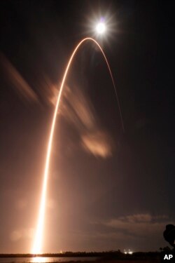 In this photo provided by NASA, United Launch Alliance's Atlas V rocket, lifts off from Launch Complex 41 at Cape Canaveral Air Force Station in in Cape Canaveral, Fla., Sunday, Feb. 9, 2020. (Jared Frankle/NASA via AP)