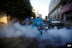 FILE - Public health workers spray insecticide amid fears of a new cholera outbreak in Sanaa, Yemen, June 7, 2018.