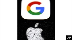 FILE - This combo of photos shows the logo for Google, top and Apple, bottom. South Korea’s National Assembly approved legislation on Tuesday, Aug. 31, 2021, that bans app store operators such as Google and Apple from forcing developers to use their in-ap payment systems. (AP)