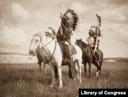 Photograph shows three Native Americans on horseback, 1905. Horses transformed tribal cultures and forever changed the way they hunted and fought in battle. Photograph by Edward S. Curtis, Curtis (Edward S.) Collection, Library of Congress Prints and Ph