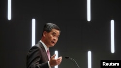 Hong Kong Chief Executive Leung Chun-ying speaks during a news conference following his maiden policy address in Hong Kong, January 16, 2013 file photo. 