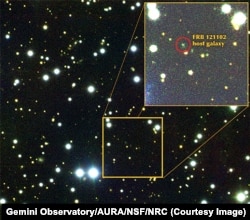 Image of the galaxy where a fast radio burst was located, named FRB 121102 for the date it was identified. It is the only FRB known to repeat its radio burst emissions.