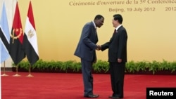 China's President Hu Jintao (R) shakes hand with Benin's President Thomas Yayi Boni before a group photo session during the opening ceremony for the Fifth Forum on China-Africa Cooperation at the Great Hall of the People in Beijing, July 19, 2012.