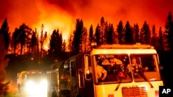 Para pemadam kebakaran tiba di Frenchman Lake untuk memadamkan kebakaran hutan di hutan nasional Plumas National Forest, California, 8 Juli 2021. 