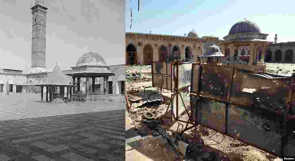 Threatened history: Grand Umayyad Mosque, Aleppo, Syria, originally begun in early 8th Century, now a World Heritage Site, heavily damaged by tank fire in 2013 (L) Ca. 1900-1920. American Colony (Jerusalem), Library of Congress (R) Free Syrian Army fighter walks in courtyard 8 July 2013. Reuters/Muzaffar.