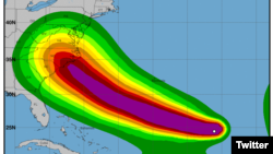 Posible trayectoria del huracán Florencia en imagen provista por el Centro Nacional de Huracanes. Según pronósticos, Florence podría afectar la costa sudeste de EE.UU. desde el norte de Florida hasta la zona del Atlántico Medio que incluye Nueva York, Nueva Jersey, Pensilvania, Delaware, Maryland, Washington D.C., Virginia y Virginia Occidental.
