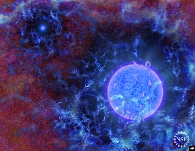 This image provided by the National Science Foundation shows a rendering of how the first stars in the universe might have looked.