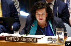 United Kingdom's United Nations Ambassador Karen Pierce speaks during a U.N. Security Council meeting, Sept. 6, 2018, at U.N. headquarters in New York..