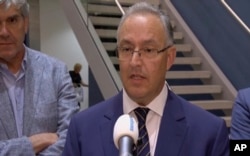 In this image taken from video, Rotterdam Mayor Ahmed Aboutaleb speaks to reporters in his city, Aug. 23, 2017, after a concert by an American band was canceled as a result of a possible terror threat.