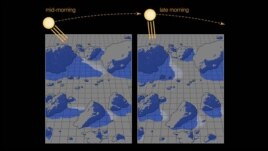 This illustration shows an area of the moon’s surface where shadows may enable water ice to survive on the sunlit lunar surface. When shadows move as the Sun tracks overhead, the exposed frost lingers long enough to be identified by spacecraft. (NASA)