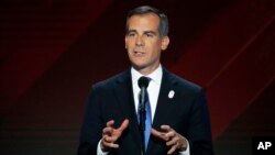 FILE - Los Angeles Mayor Eric Garcetti speaks during the final day of the Democratic National Convention in Philadelphia, July 28, 2016.