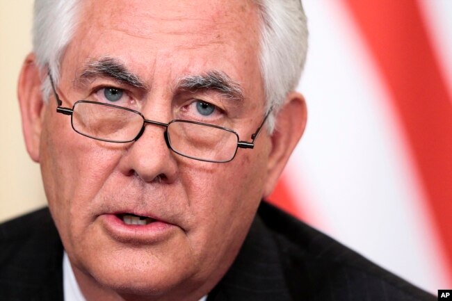 FILE - Secretary of State Rex Tillerson speaks to the media during a shared press conference with Russian Foreign Minister Sergey Lavrov following their talks in Moscow, Russia, April 12, 2017