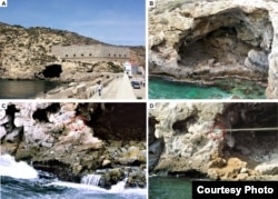 A) The site seen from a breakwater in the Cartagena harbor. (B) Overview of the cave. Brecciated Pleistocene remnant before (C) and after (D) its 1985 excavation. The dotted circles in (C) and (D) indicate the position of the dated flowstone, clearly overlying the excavated deposit. (Science Advances)