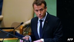 Le président français Emmanuel Macron prend la parole lors du débat général de la 73ème session de l’Assemblée générale des Nations Unies à New York, le 25 septembre 2018.