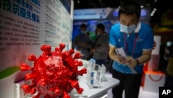 FILE PHOTO -- A visitor wearing a face mask takes a photo of a model of a coronavirus and boxes for COVID-19 vaccines at a display by Chinese pharmaceutical firm Sinopharm at the China International Fair for Trade in Services (CIFTIS) in Beijing. (AP Photo/Mark Schiefelbein)
