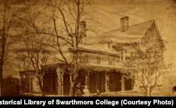 Lucretia and James Mott’s home in Cheltenham, ‘Roadside,’ was a stop on the Underground Railroad. Lucretia Mott is in the chair in the foreground. The house was demolished in 1911.