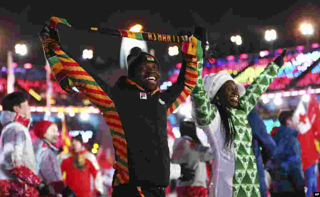 Athletes from Africa walk in the stadium during the closing ceremony of the 2018 Winter Olympics in Pyeongchang, Feb. 25, 2018.