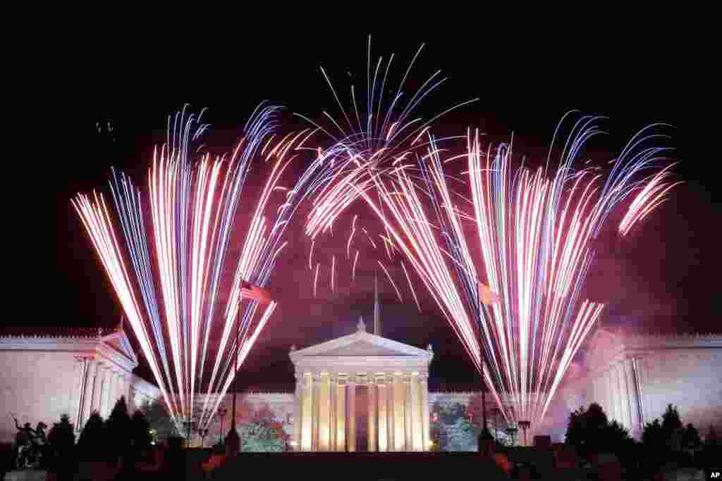 Fireworks explode over the Philadelphia Museum of Art during an Independence Day celebration, July 4, 2013, in Philadelphia.