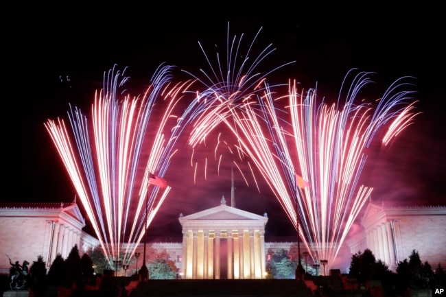 FILE - Fireworks explode over the Philadelphia Museum of Art during an Independence Day celebration, July 4, 2013, in Philadelphia. (AP Photo/Matt Rourke)