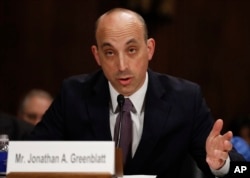 FILE - Jonathan Greenblatt, CEO And National Director of the Anti-Defamation League testifies on Capitol Hill in Washington, May 2, 2017, before a Senate Judiciary Committee hearing on responses to the increase in religious hate crimes.