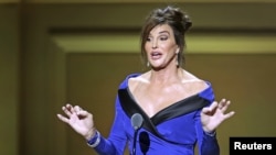 Former Olympian Caitlyn Jenner speaks on stage at the Glamour Women of the Year Awards where she receives an award, in New York, Nov. 9, 2015.