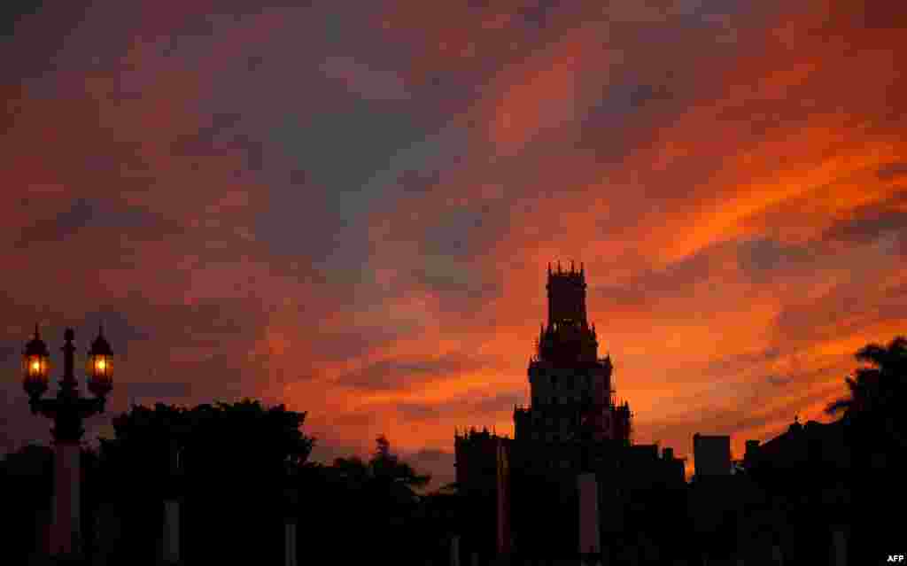 A view of a building in Havana, Cuba, at dawn.