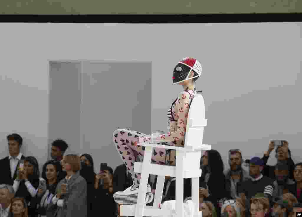 A model wears a creation for Thom Browne Spring/Summer 2019 ready-to-wear fashion collection presented in Paris, France.
