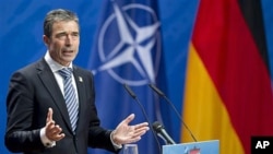 NATO Secretary General Anders Fogh Rasmussen at the Berlin ministerial meeting, April 15, 2011