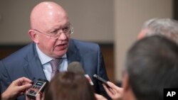 Russia's U.N. Ambassador Vassily Nebenzia speaks to reporters after attending a Security Council meeting, Aug. 9, 2017, at United Nations headquarters.