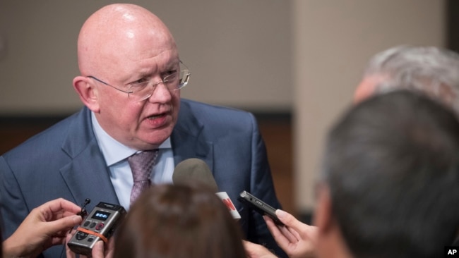 Russia's U.N. Ambassador Vassily Nebenzia speaks to reporters after attending a Security Council meeting, Aug. 9, 2017, at United Nations headquarters.