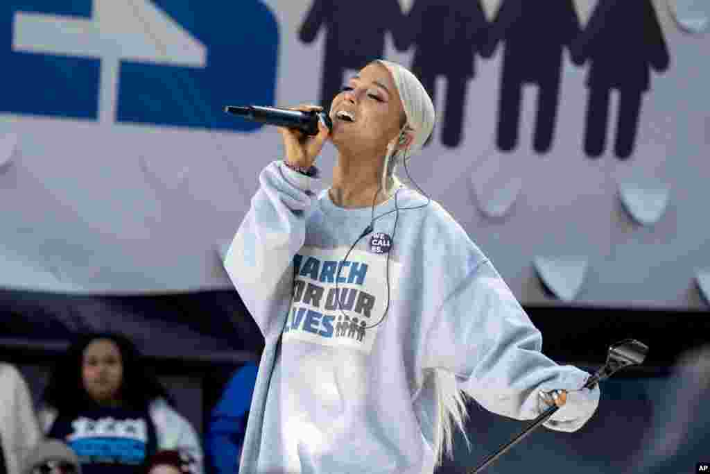 Ariana Grande performs during the "March for Our Lives" rally in support of gun control in Washington, March 24, 2018.