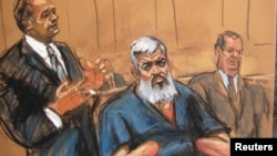 FILE - Abu Hamza al-Masri, the radical Islamist cleric facing U.S. terrorism charges, sits with his legal team in Manhattan federal court in New York in this artist's sketch.