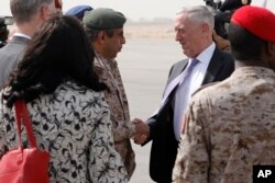 U.S. Defense Secretary James Mattis, right, is greeted by Saudi Armed Forces Chief of Joint Staff General Abdul Rahman Al Banyan, left, upon his arrival at King Salman Air Base, Riyadh, Saudi Arabia, April 18, 2017.