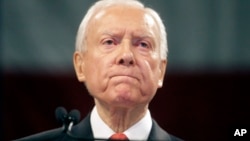 FILE - Sen. Orrin Hatch, R-Utah, speaks during the Utah Republican Party 2016 convention, in Salt Lake City, April 23, 2016. "It's going to be extremely contentious," Hatch told VOA. "Anytime you get into an immigration battle, it's difficult no matter who is president.” 