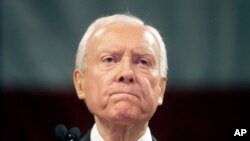 FILE - Sen. Orrin Hatch, R-Utah, speaks during the Utah Republican Party 2016 convention, in Salt Lake City, April 23, 2016. "It's going to be extremely contentious," Hatch told VOA. "Anytime you get into an immigration battle, it's difficult no matter wh