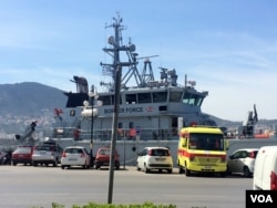 Less than two weeks ago, locals say, international patrol boats like this one appeared in the port in Lesbos, Greece, April 1, 2016. (H. Murdock/VOA)