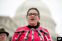 FILE - Representative Rashida Tlaib, Democrat-Michigan, speaks at a news conference on Capitol Hill in Washington, Jan. 17, 2019.