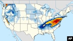 This image provided by National Oceanic and Atmospheric Administration's (NOAA) shows a computer model forecasting the chances of a snow storm hitting the East Coast this weekend, Jan. 22-23, 2016. Snow up to two feet, was forecast for areas west and southwest of the Washington, with Washington possibly getting 15 to 20 inches, Philadelphia could see 12 to 18, and New York City and Long Island could see 8 to 10, (National Oceanic and Atmospheric Administration via AP)