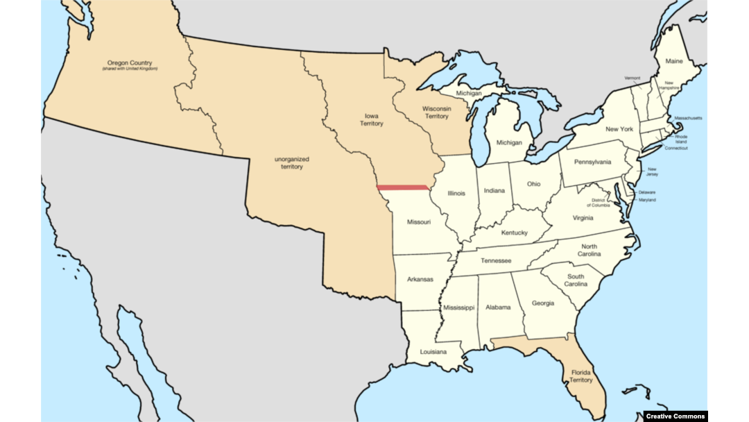 Map of U.S. states and territories in 1840.