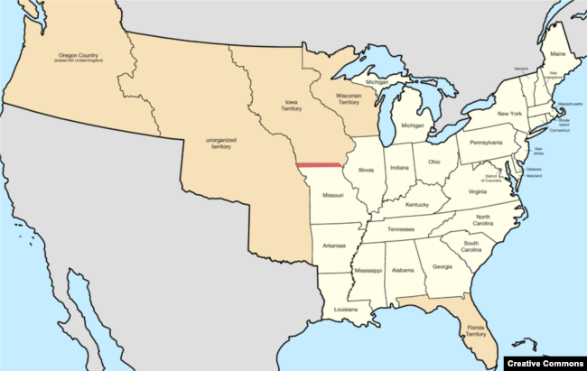 Map of U.S. states and territories in 1840.