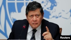 FILE - Marzuki Darusman, chairman of the Independent International Fact-Finding Mission on Myanmar, attends a news conference on the publication of a final written report at the United Nations in Geneva, Switzerland, Aug. 27, 2018. 