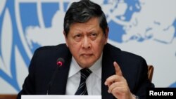 Marzuki Darusman, chairperson of the Independent International Fact-Finding Mission on Myanmar attends a news conference on the publication of a final written report at the United Nations in Geneva, Switzerland, Aug. 27, 2018. 