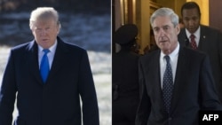 FILE - This combination of photos shows U.S. President Donald Trump on the South Lawn of the White House, Jan. 5, 2018, and former FBI Director Robert Mueller, special counsel on the Russian investigation, at the U.S. Capitol, June 21, 2017. 
